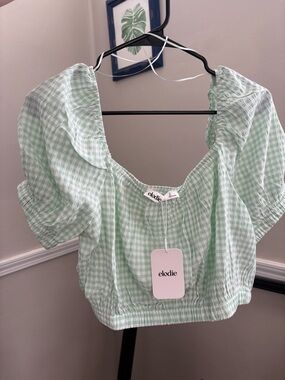 Elodie Mint Gingham Puff Sleeve Crop Top